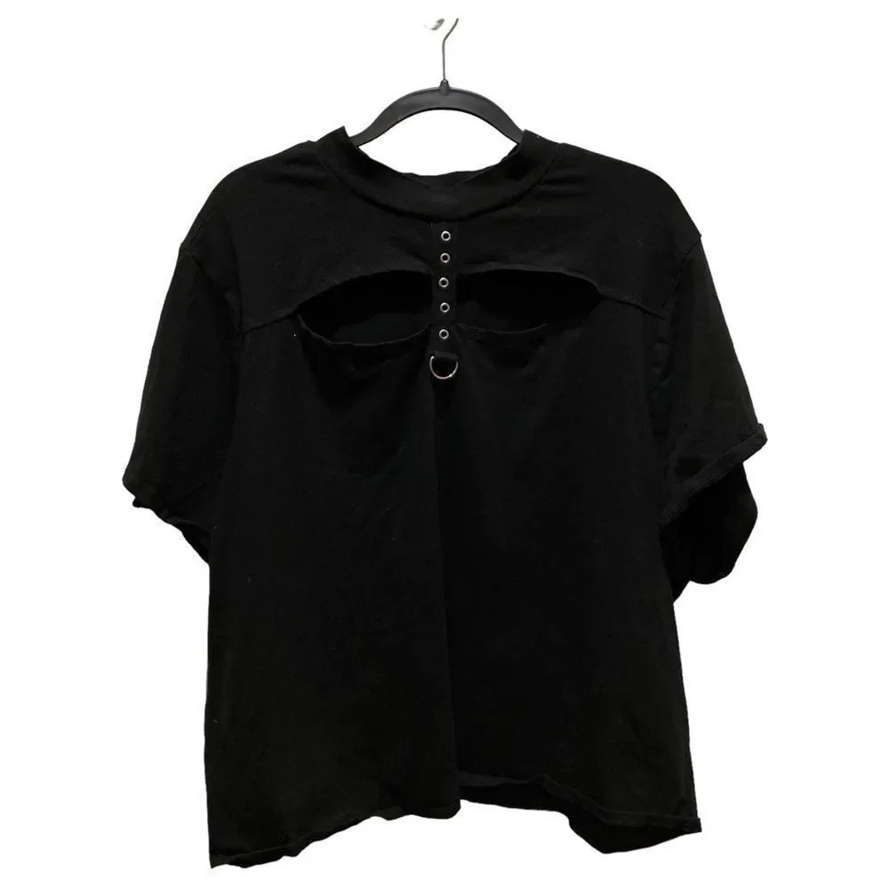 HOT TOPIC Grommet & D-Ring Strap Mock Neck Cutout Girls Crop T-Shirt Size 5X Jr - Picture 3 of 7